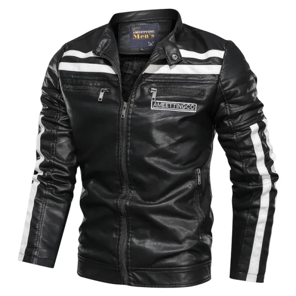 2025 New Design Men's PU Leather Jacket With Velvet Collar Patchwork Motorcycle Leather Jacket Pocket Decoration PU Coat for Men - Image 4