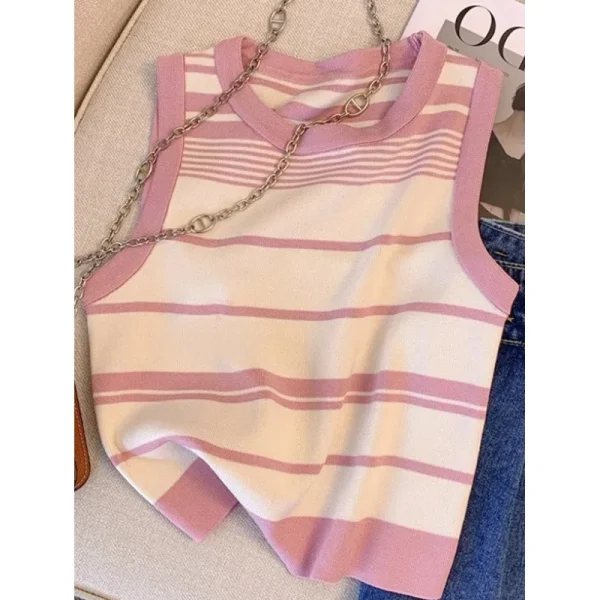 Women's Summer Casual Style Ice Silk Knitted Spice Girl Camisole Short Sleeveless T-shirt - Image 2