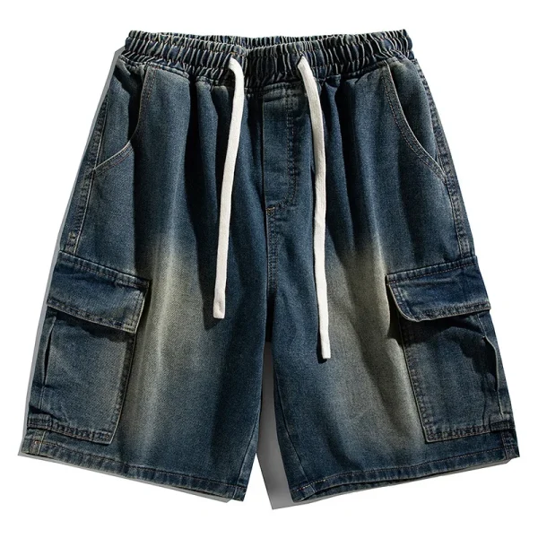 2025 Summer Men's Fashion Mid-Length Cargo Denim Shorts New Elastic Waist Cool Hip Hop Breathable Loose for College Students - Image 2