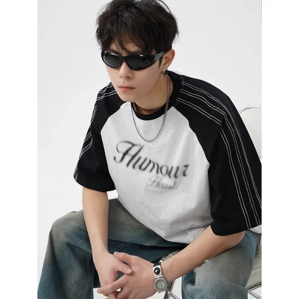American Retro Color-Block Stitched Raglan Sleeve Short Sleeve T-Shirt for Men Summer Casual Loose New Fuzzy Dot Print 180g