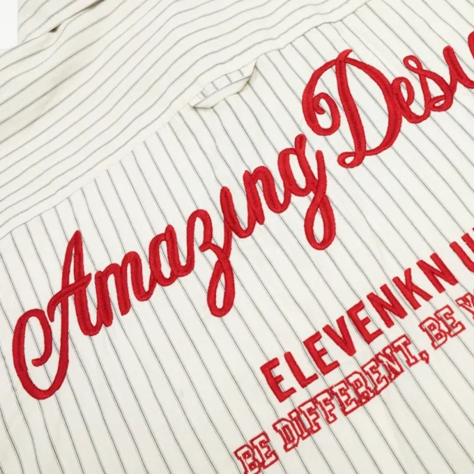 American Style Trendy Vertical Striped Embroidered Letter Men's 100% Cotton Short Sleeve Shirt Turn-down Collar Pocket Loose