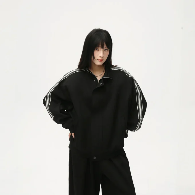 Men's Fashion New Casual Pants Zipper Jacket Side Stripe Color-Block Design Stand Collar Loose Fit Track Suit for Men