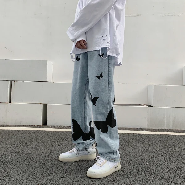 2025 Butterfly Print Jeans Men Pants Loose Baggy Jeans Casual Denim Pants Stretch Straight Fashion Trousers - Image 4