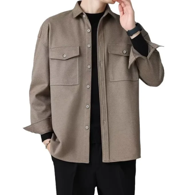 American Men's Casual Lapel Shirt Heavy Woolen Pure Color Long Sleeve Autumn Work Clothing Knitted Outwear