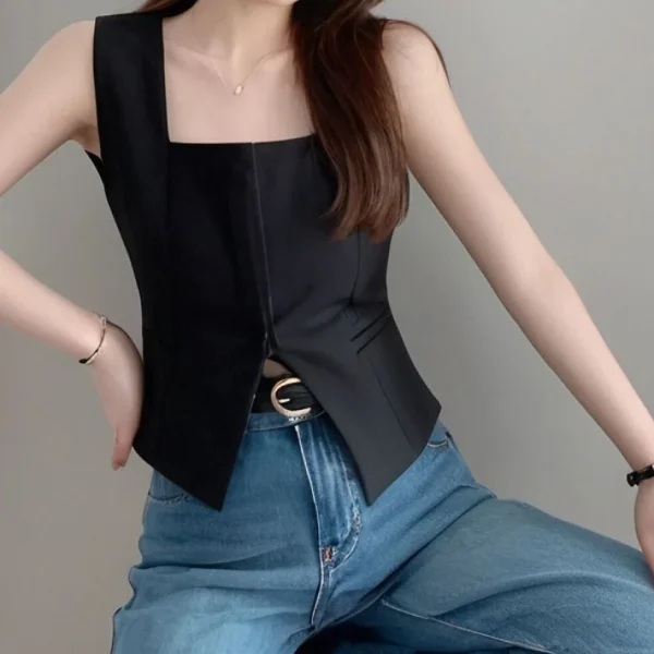 Women's 2025 Summer Casual Sleeveless Vest with Square Neck New Design Sense Niche Hollow Out Split Fashion Top Black - Image 5