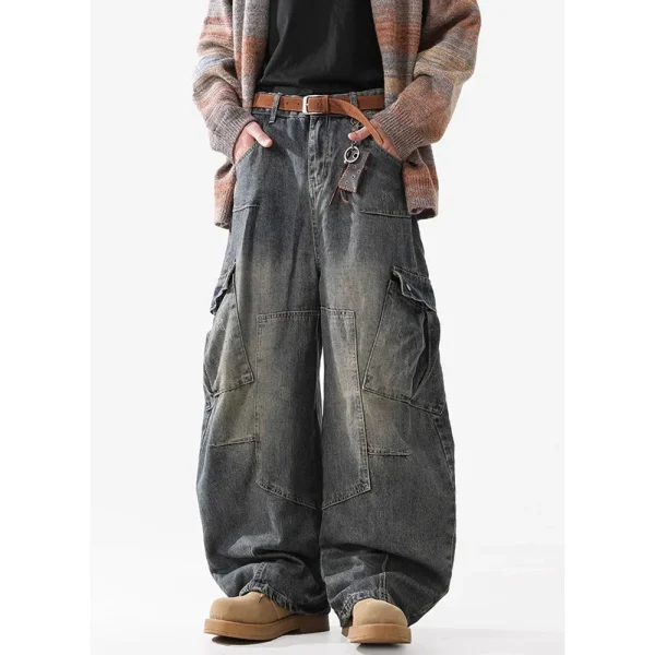 2025 Spring/Autumn Men's Scimitar Jeans Fashionable Multi-Flap Pocket Pants New Style Street-Made Distressed Washed