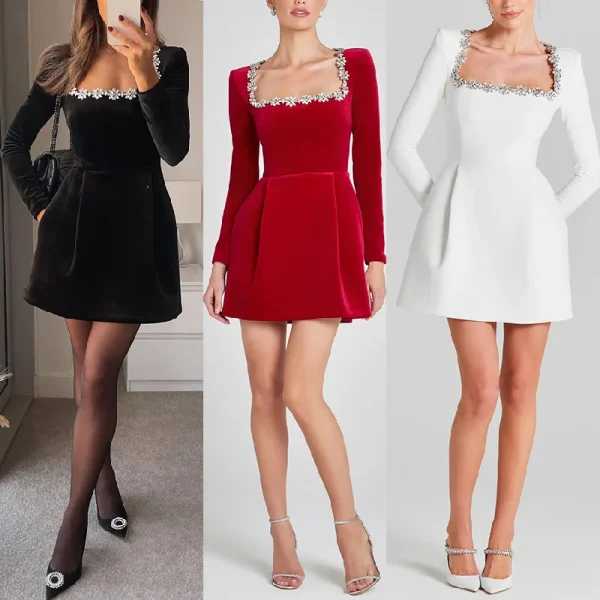 2025 European American Women's Cross-Border Holiday Banquet Dress Velvet Slim-Fitting Diamond Fashion Long-Sleeved Hepburn Style