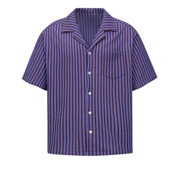 Summer Casual Top Men's Vertical Striped Shirt Trendy Loose Fit Cuban Style Short Sleeve Turn-Down Stand Collar Shirts - Image 4