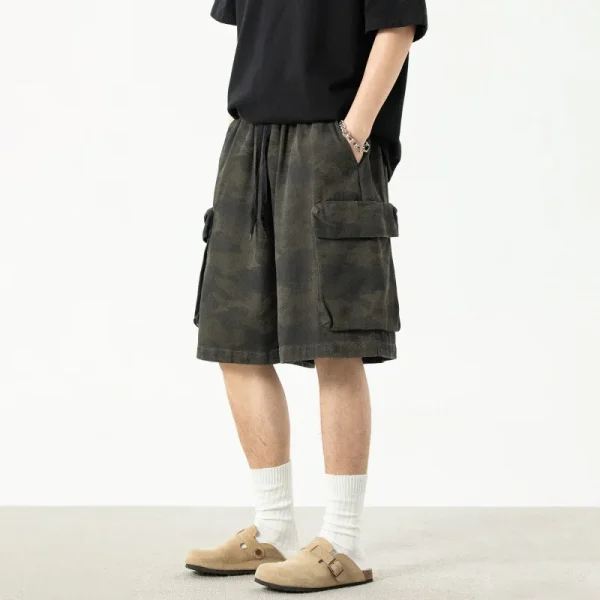 Vintage Summer Style Men's Camouflage Cargo Shorts 100% Cotton Large Pockets Five-Point Casual Outdoor Sports Shorts Drawstring - Image 2