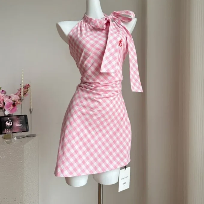 2025 Summer Trend Women's Casual Halter Neck Off-Shoulder Pink Plaid Sleeveless Dress with Irregular Bow Design Short Skirt