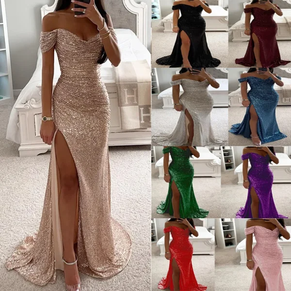 2025 INS Casual Fashion Cross-Border New European American Style Sequin Off-Shoulder Split Dress for Women Floor-Length Chiffon