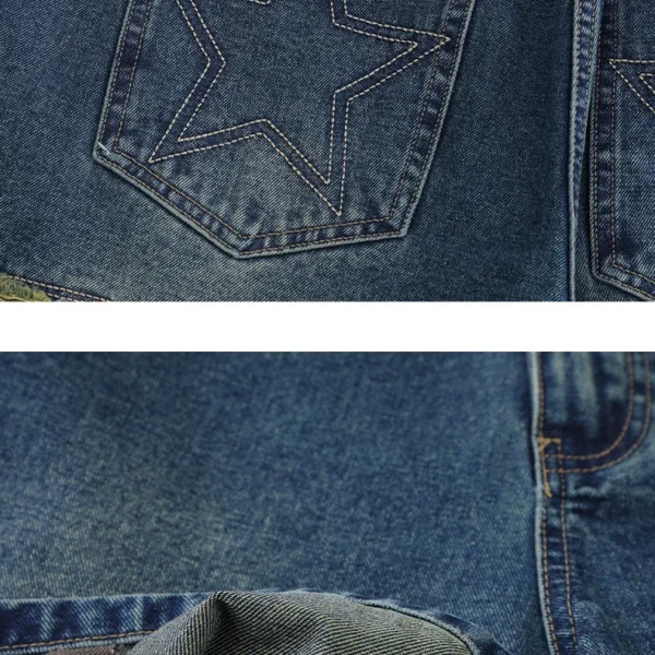 Bermuda Streetwear Distressed Star Embroidery Denim Jean Cotton Baggy Shorts for Mens
