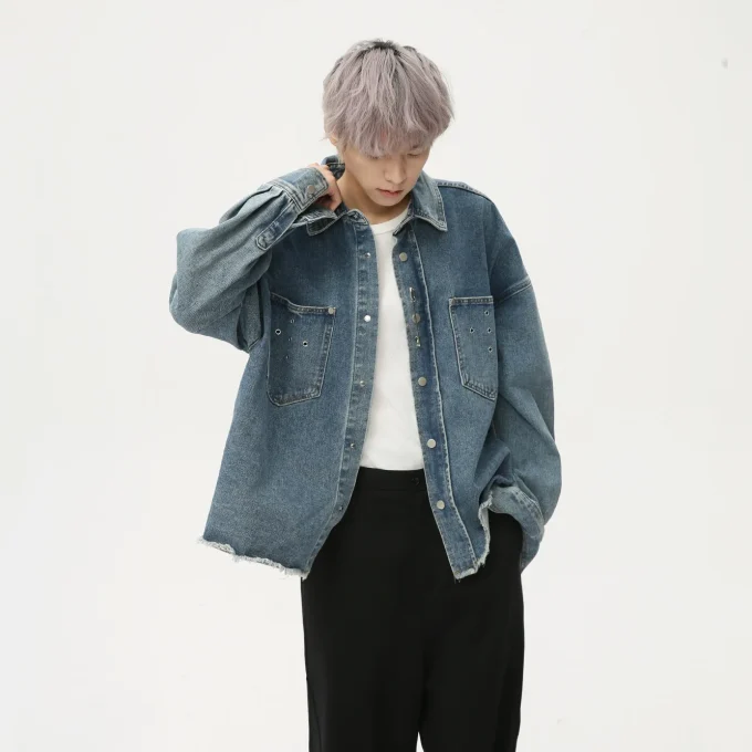 Men's Trendy Denim Jacket New American Retro Punk Metal Decor Frayed Hem Casual Style Front Rabbit XS for Spring - Image 2