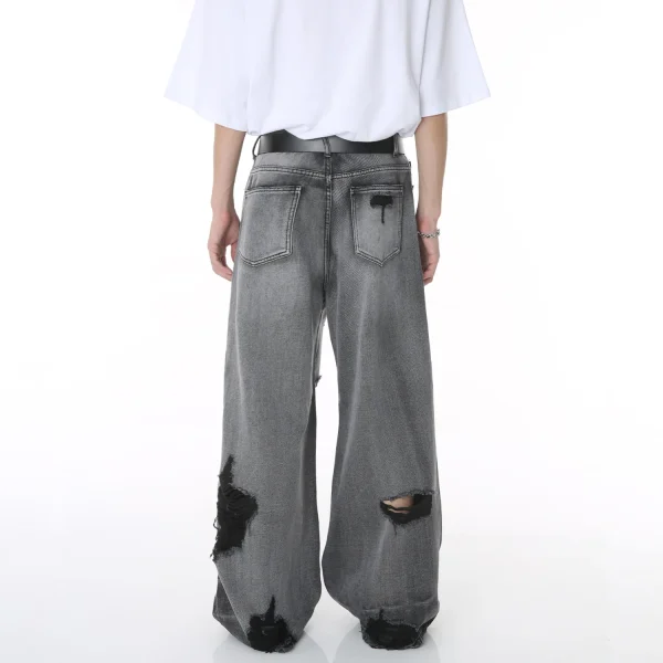 2025 Summer New High Street Men's Clothing Hole Beggar's Hip Hop Wide Mop Denim Pants Woven Loose Fit Washed Technics Jeans - Image 3