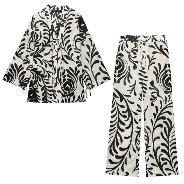 New European and American Style Printed Design Long-sleeved Top Wide-leg Pants Set