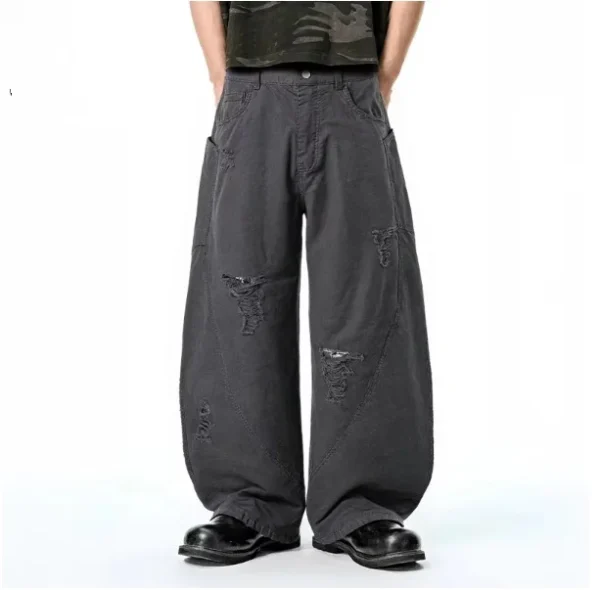 Casual Fashion Washed Cut Scythe Mens Pants Spring Summer 25 New American Street Baggy Scythe Wide Leg Cargo Pants - Image 3