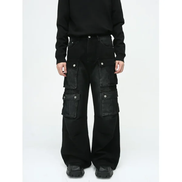 2025 Autumn New Men's Wide Leg Cargo Jeans With Flap Pocket Loose Fit Denim Design Muti-pocket Cargos