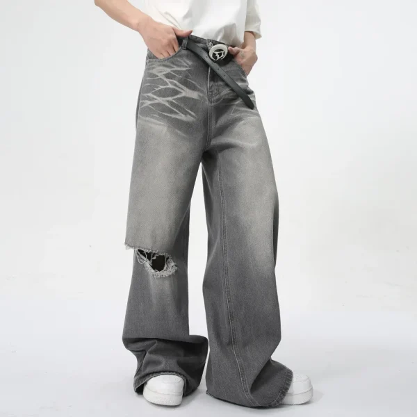 2025 Summer Men's Fashion New Vintage Washed Distressed Straight Wide-Leg Baggy Floor-Length Jeans Gray Denim Fabric