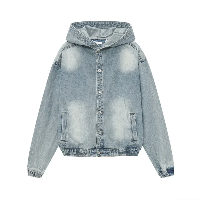 Men Denim Set New Men's Clothing American Retro Hooded Jacket Solid Pattern Washed Denim Suit Loose Fit Knitted Fabric - Image 6