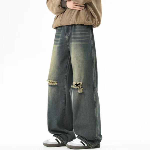 2025 Vintage Ripped Jeans for Men Loose Fit High Waist Straight Casual Pants Wide Leg All Seasons Denim Washed - Image 2
