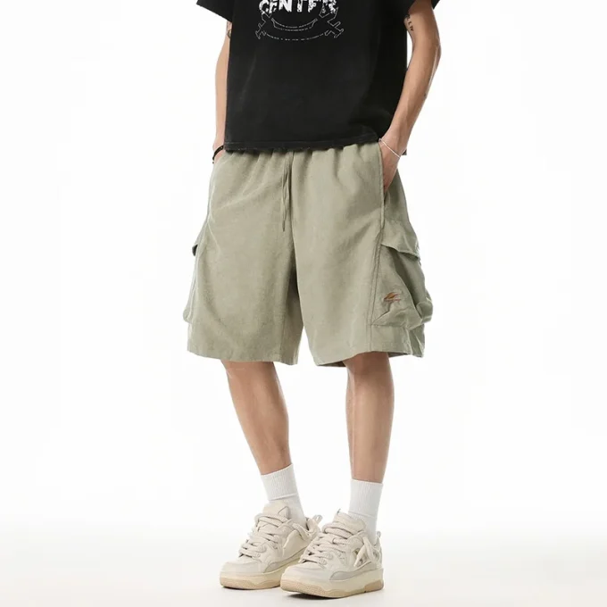 American Retro Trendy 3D Pocket Cargo Shorts for Men New Spring Summer Embroidered Casual Drawstring Five-Point Knee Length Mid