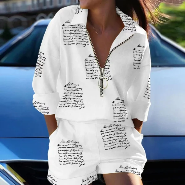 New Women's Casual 2-Piece Shorts Set Long-Sleeved Printed Zipper - Image 2