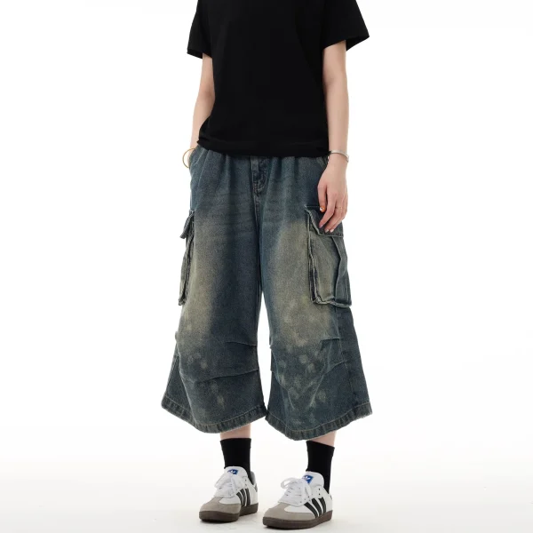 2025 Summer Unisex Loose Straight Leg Mid-Length Jeans New Multi-Pocket Pleated Cargo Spotted Washed Draping Effect Unisex Denim - Image 4