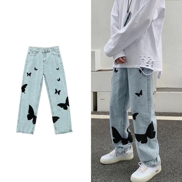 2025 Butterfly Print Jeans Men Pants Loose Baggy Jeans Casual Denim Pants Stretch Straight Fashion Trousers - Image 2