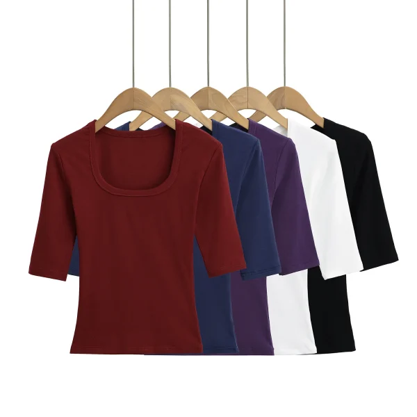 Sexy Low U-Neck Mid-Sleeve T-Shirt Elastic Slim Basic Simple Pure Color - Image 5