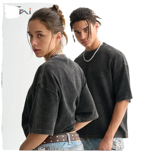 Men's Casual Clothing High Quality Vintage Washed Waffle Color T-Shirt Loose Short Trendy Digital Printing Blank - Image 5