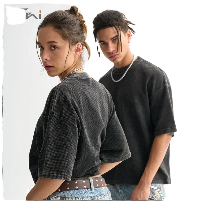 Men's Casual Clothing High Quality Vintage Washed Waffle Color T-Shirt Loose Short Trendy Digital Printing Blank - Image 5