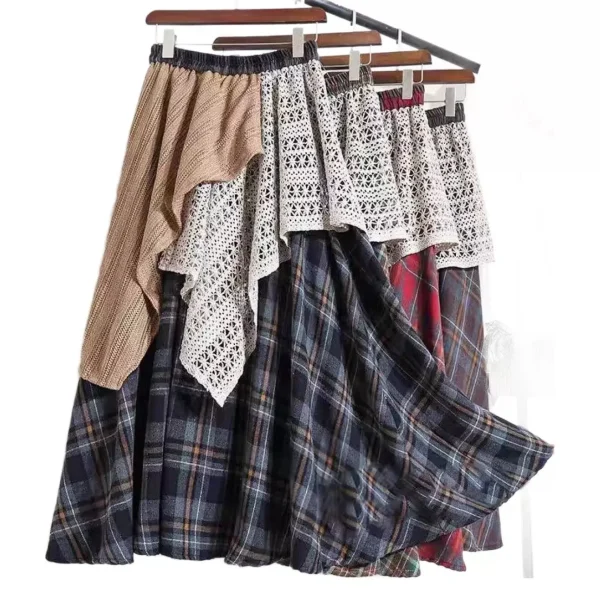 Vintage Ethnic Style Women's Mid-Length Plaid Patchwork Half Skirt High Waist Autumn Season Natural Waistline - Image 5