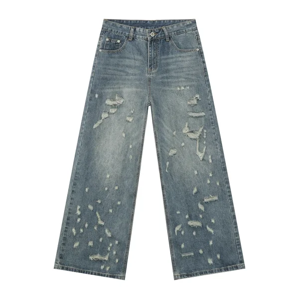 2025 New Men's Unique Irregular Ripped Straight Wide Leg Jeans High Street Casual Denim Pants Washed Distressed Baggy Jeans - Image 6