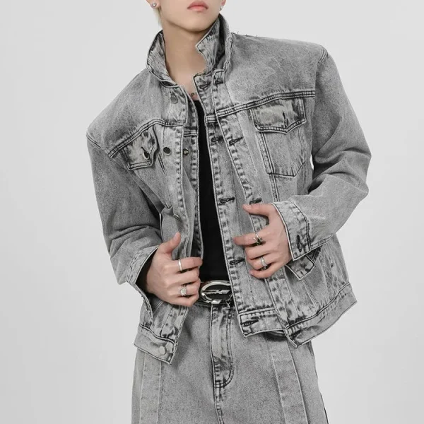Streetwear Men'S Denim Suits Digital Fashion Shoulder Padded Denim Jacket Coats and Baggie Jeans Sets for Men