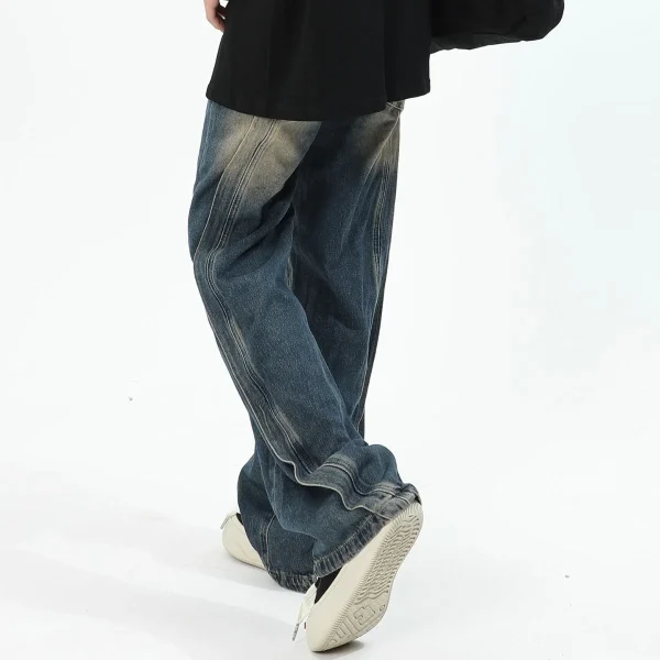 2025 Men's Trendy Straight Pants American High-End Splicing Design Distressed Jeans Denim Loose High Street Wide-Leg Autumn - Image 4