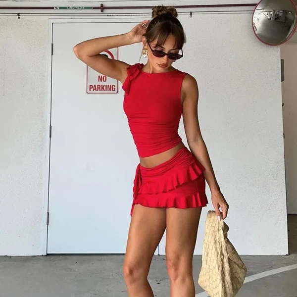 2025 New Women's Fashion European American Style Sleeveless Neck Vest Navel Slim-Fit Short Length Knee Skirt Summer Skinny Solid - Image 2