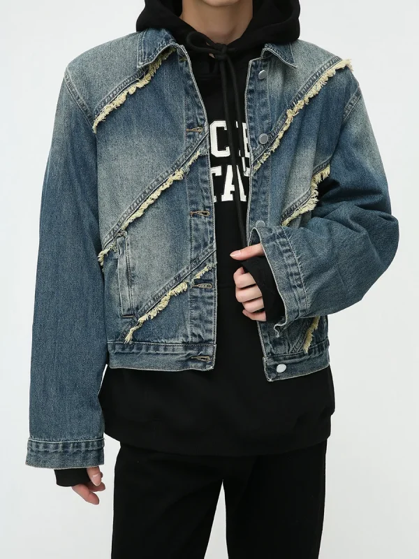 Denim Jacket Men's Autumn New Street Raw Edge Splicing Design Short Denim Jacket for Men - Image 6
