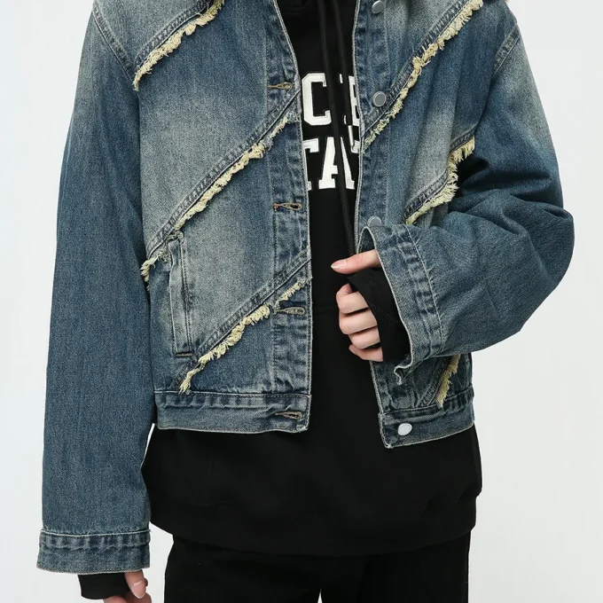 Denim Jacket Men's Autumn New Street Raw Edge Splicing Design Short Denim Jacket for Men
