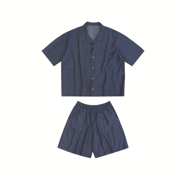 Summer Casual Unisex Shirt and Shorts  Denim Set New Oversized Cuban Collar Thin Denim Solid Turn-Down Collar Loose Fit - Image 5
