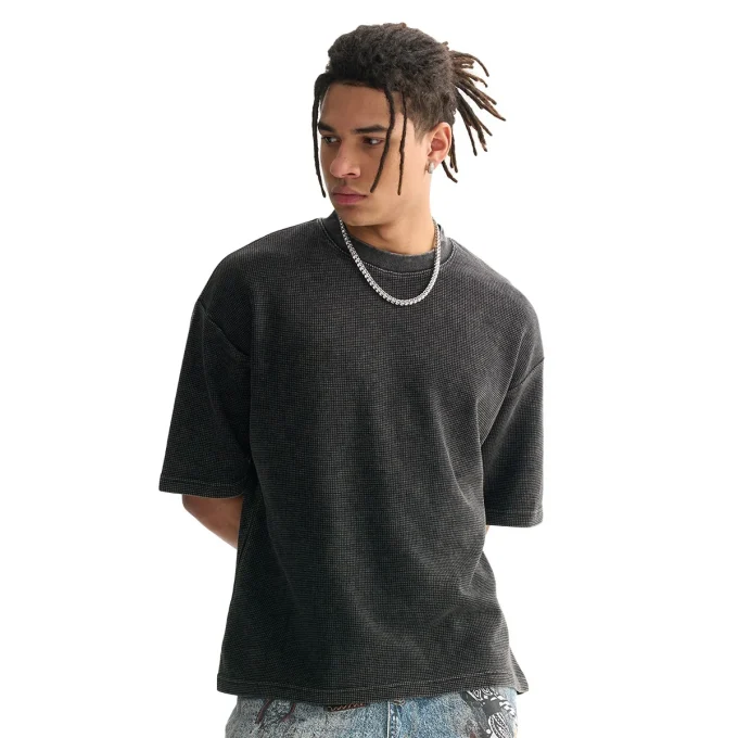 Men's Casual Clothing High Quality Vintage Washed Waffle Color T-Shirt Loose Short Trendy Digital Printing Blank