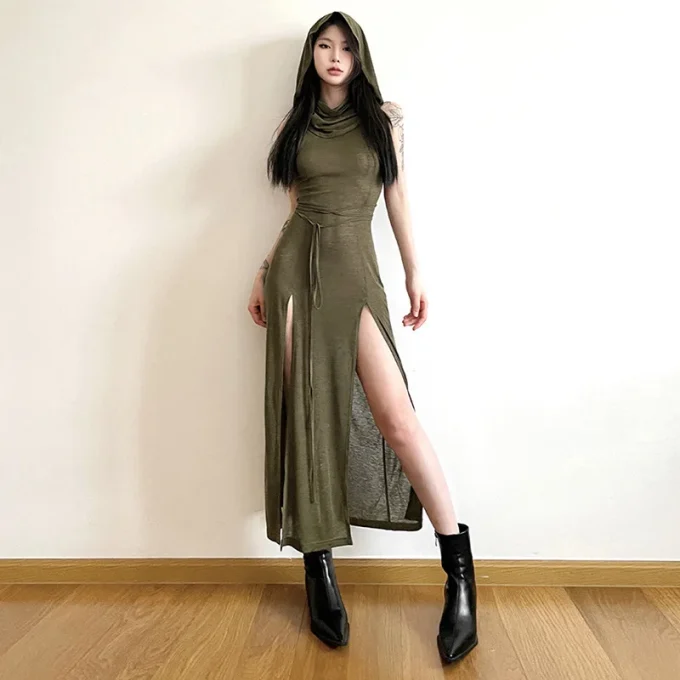 2025 Summer European American Trendy Women's Dress New Hooded Loose Hem Slit Solid Pattern Casual Style Front Natural