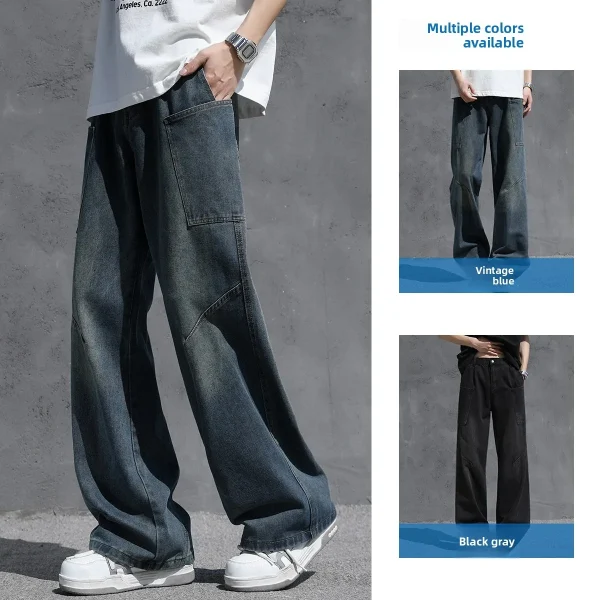 2025 Trendy Mid-Casual Washed Denim Men's Jeans New Style with Real Curved Knife Straight Slightly Flared Pants for Summer - Image 3
