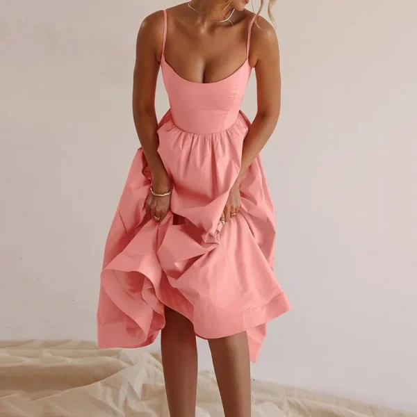 2025 Summer New Women's Fashion Cross-Border Satin Dress Casual U-Neck Waist-Cinching Ruched Strap Sexy Solid Spaghetti Natural - Image 5