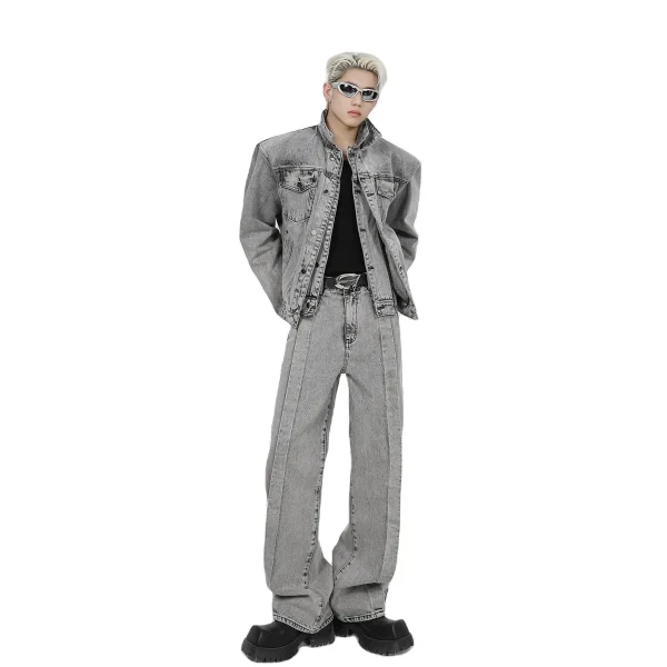Streetwear Men'S Denim Suits Digital Fashion Shoulder Padded Denim Jacket Coats and Baggie Jeans Sets for Men