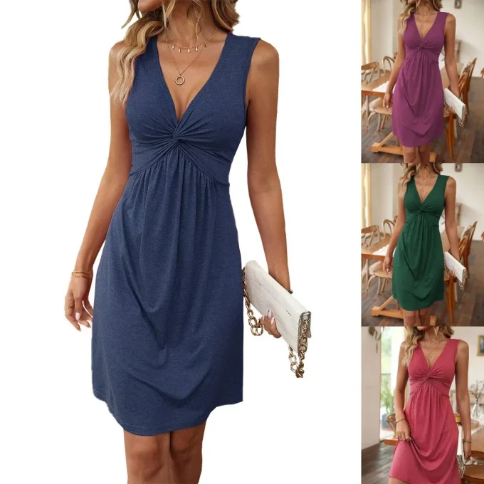 2025 Summer Casual Dress European American Sleeveless V-Neck Design Chest Twist Pleated Waist Solid