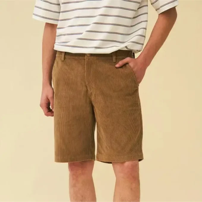 Classic Straight Corduroy Pants Vintage Washed Corduroy Loose Shorts for Mens