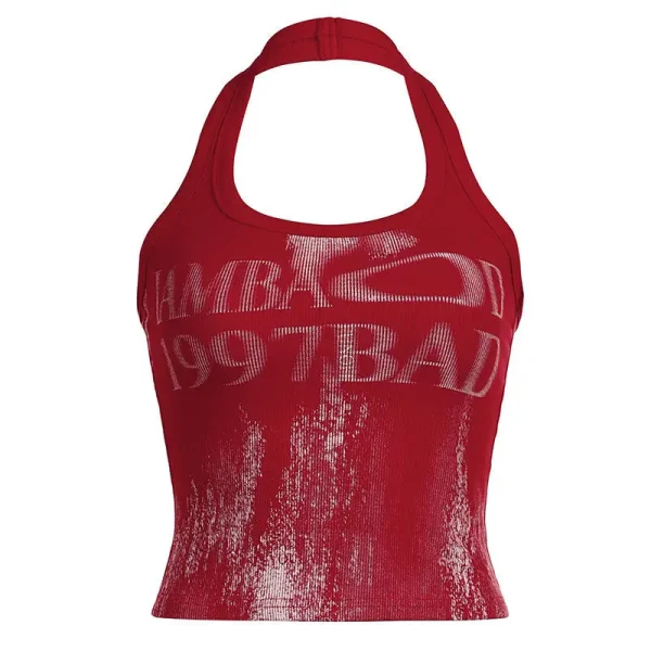 Retro Rendered Letter Print Hanging Neck Vest Female Backless Sexy Red Top Female Summer - Image 5