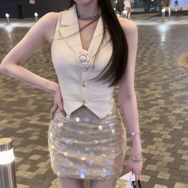 2025 Summer Elegant Sleeveless Top for Women White Small Suit Vest with Sweet Spicy French Style Waterproof Casual Outer Wear - Image 2