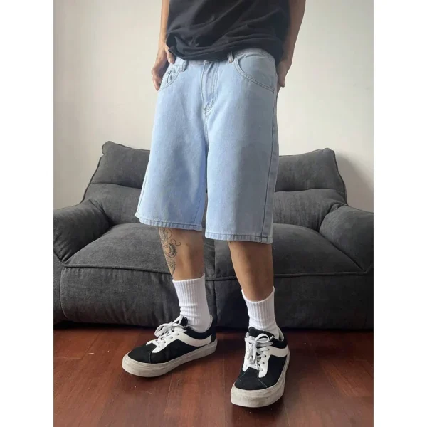 2025 Summer Trendy Retro Denim Shorts for Men Loose Casual Five-Point Pants Mid Waist Knitted Weaving Distressed Crystal - Image 3