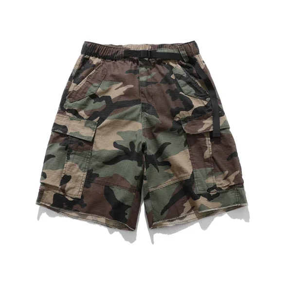 Men's Summer Cargo Shorts Casual Camouflage Pattern Multi-Pocket Pants Zipper Fly Raw Edge Distressed Frayed Knitted Men Shorts